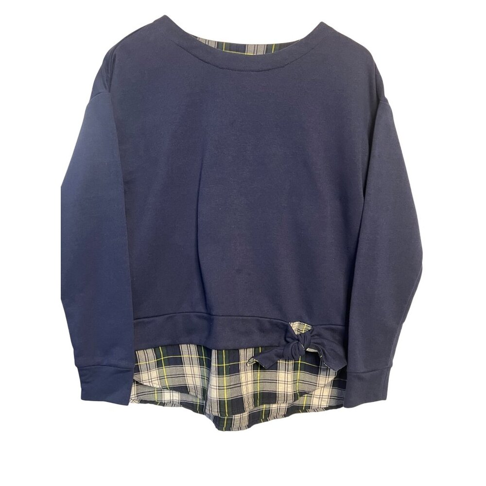 Izod Women's Navy Plaid Accent Sweater With Bow Detail Size M Cotton Blend Comfy